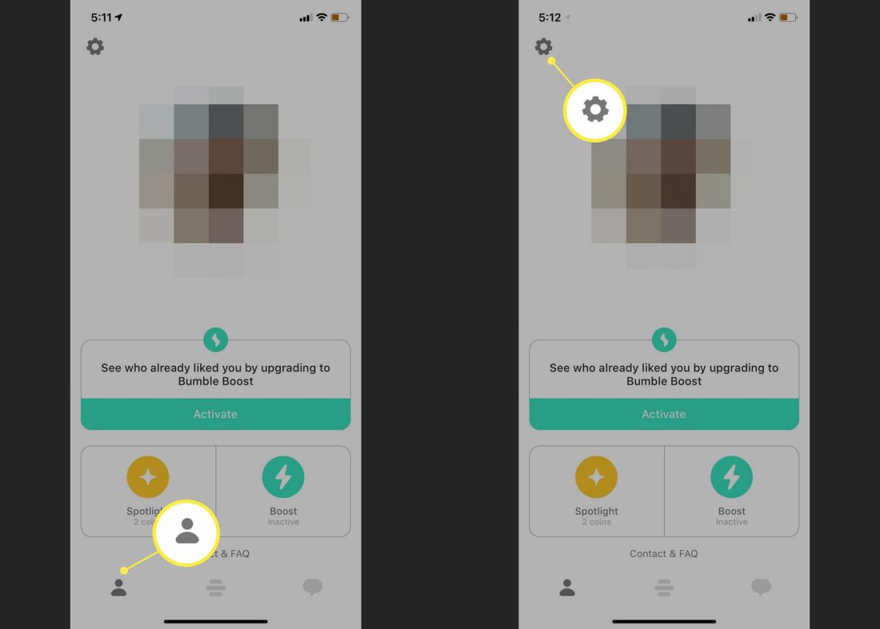 Profile and Settings gear in Bumble