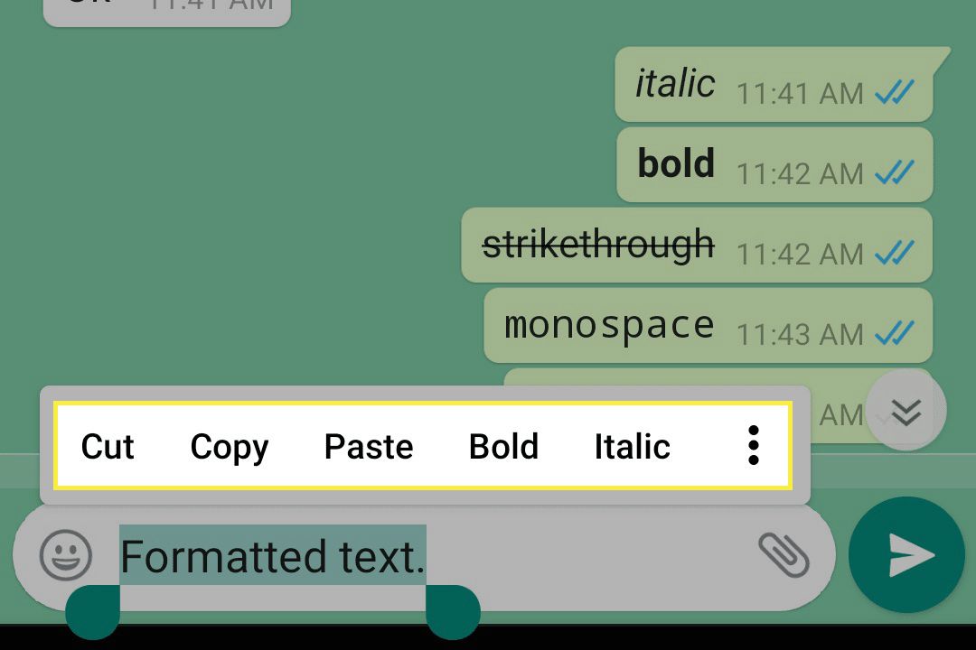 WhatsApp formatting bar on Android.