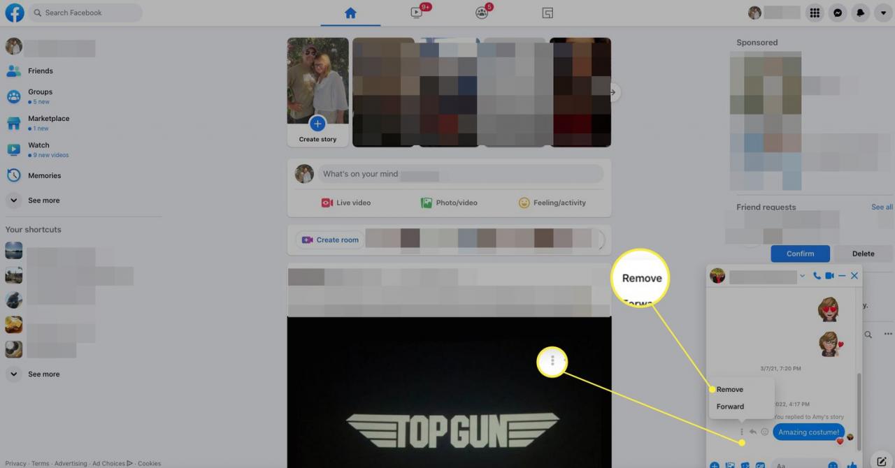 The More symbol and Remove command for a Facebook message highlighted in Messenger on the desktop